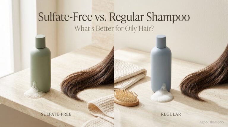 Two unbranded shampoo bottles beside dark-brown hair sections and cleansing foam