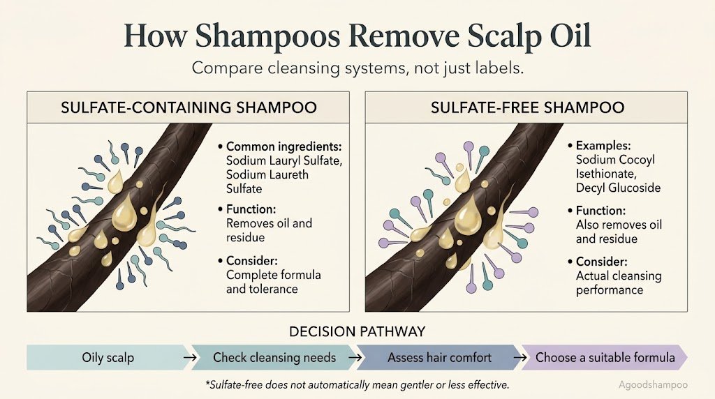 Infographic showing sulfate and sulfate-free surfactants removing oil from hair