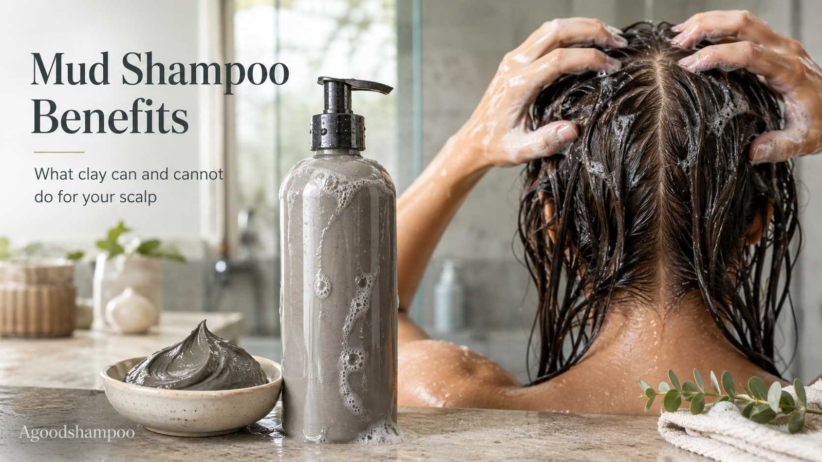 Image Alt Text: Mud shampoo beside cosmetic clay for oily scalp cleansing