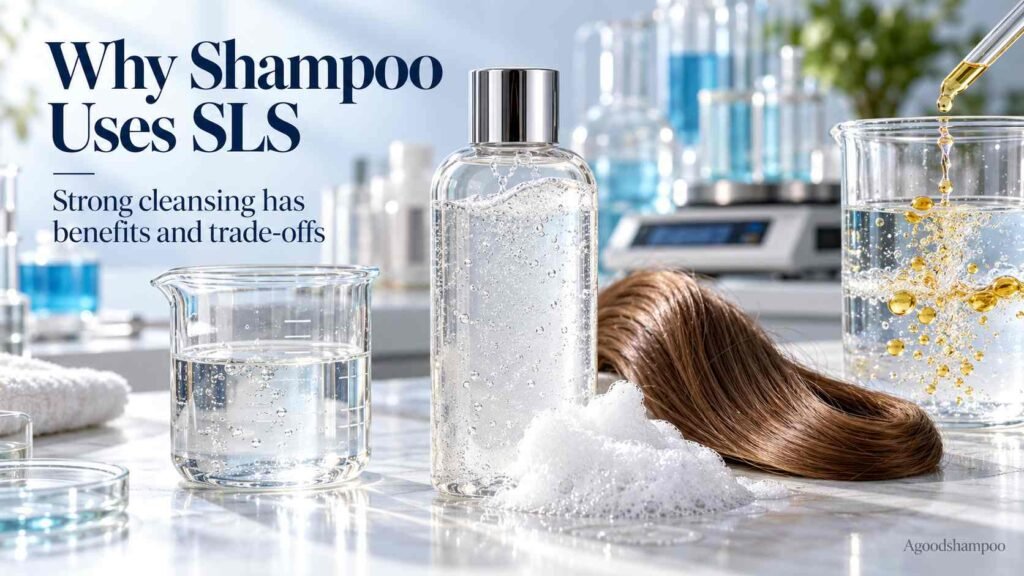 Shampoo formulation showing SLS cleansing concept with foam and hair