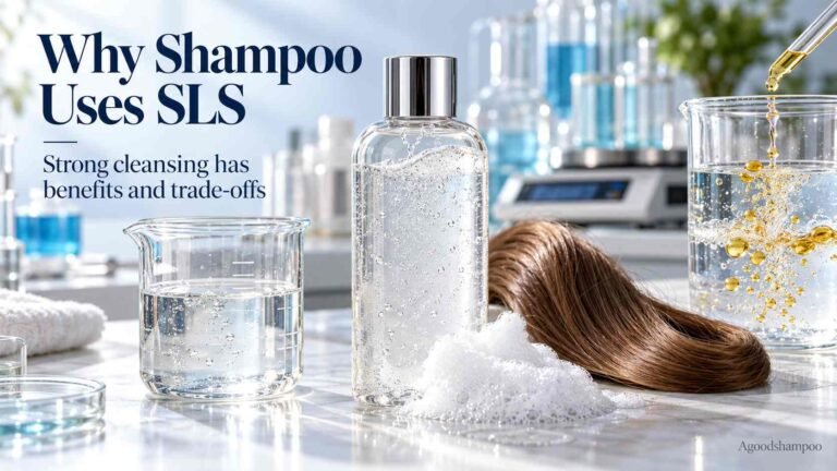 Shampoo formulation showing SLS cleansing concept with foam and hair