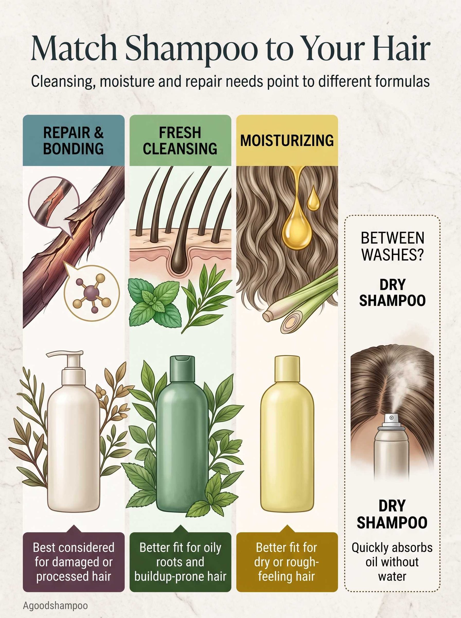 Hair type guide comparing cleansing moisturizing and repair shampoos