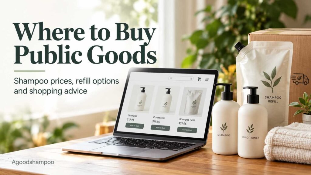 Generic shampoo bottles beside laptop displaying an online shopping page