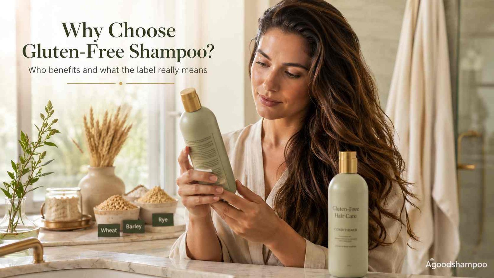 Woman checking ingredients on a gluten-free shampoo bottle