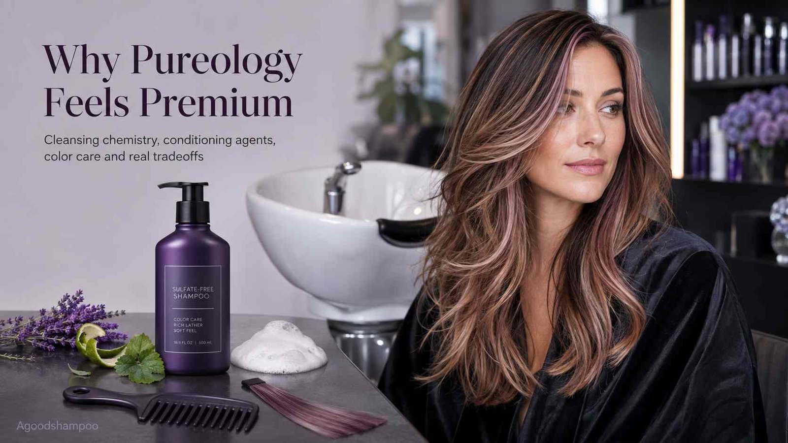 Color-treated hair beside violet shampoo, lather, and salon tools