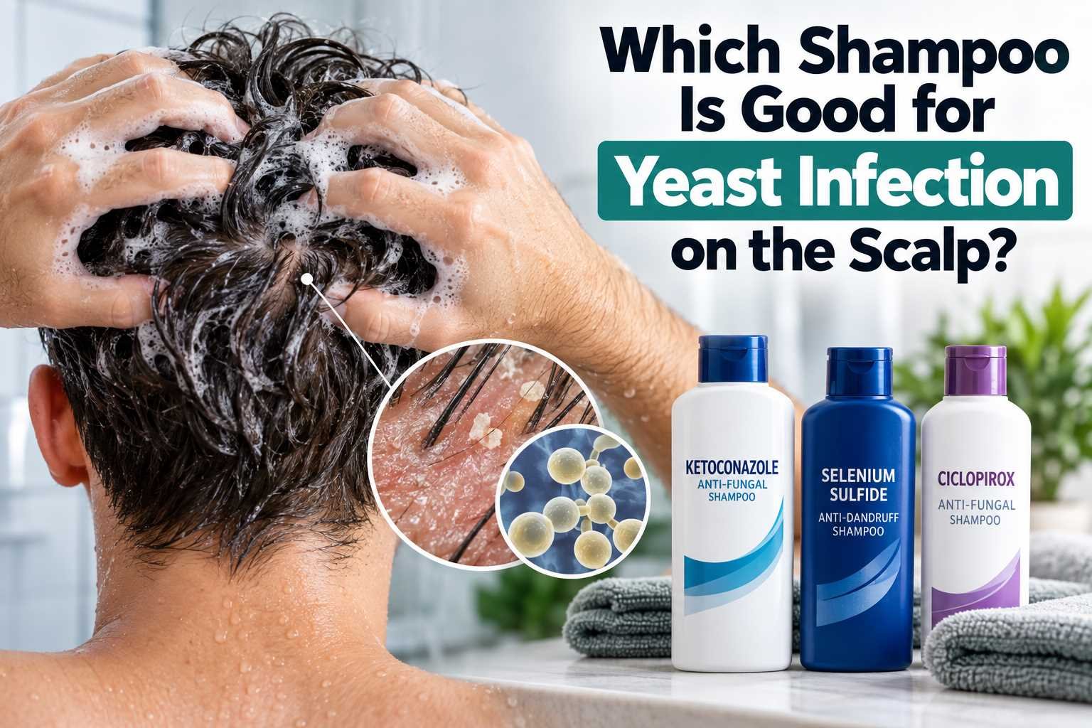 Medicated antifungal shampoos beside a mildly flaky scalp