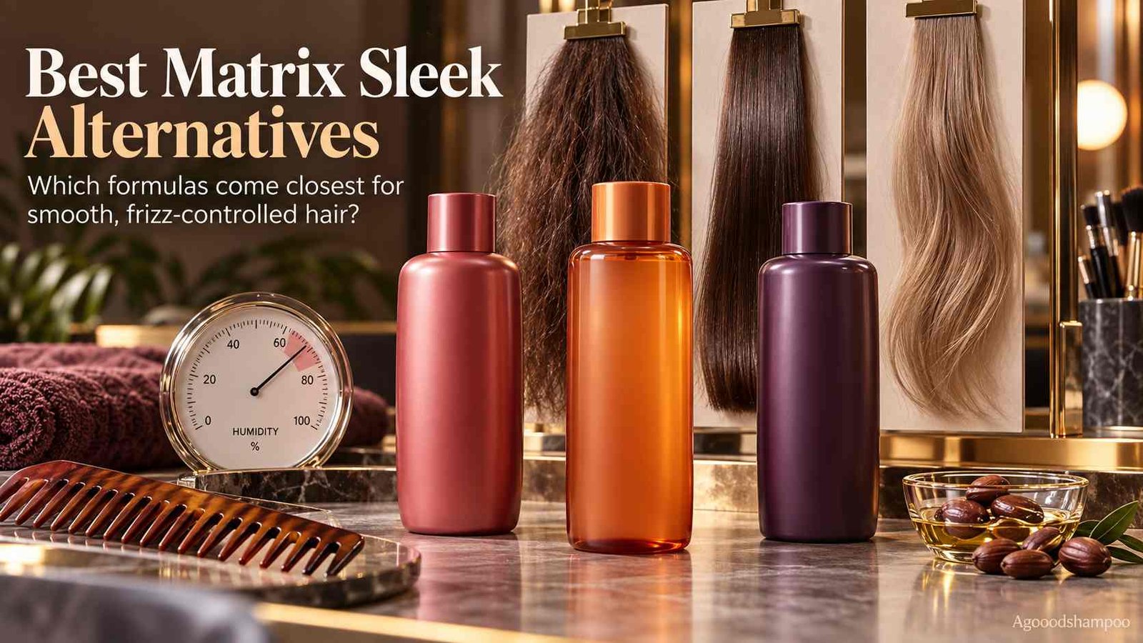 Smoothing shampoo alternatives displayed beside different frizzy hair textures