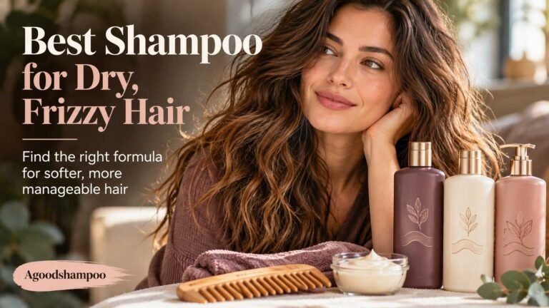 Woman with naturally frizzy wavy hair beside unbranded shampoos