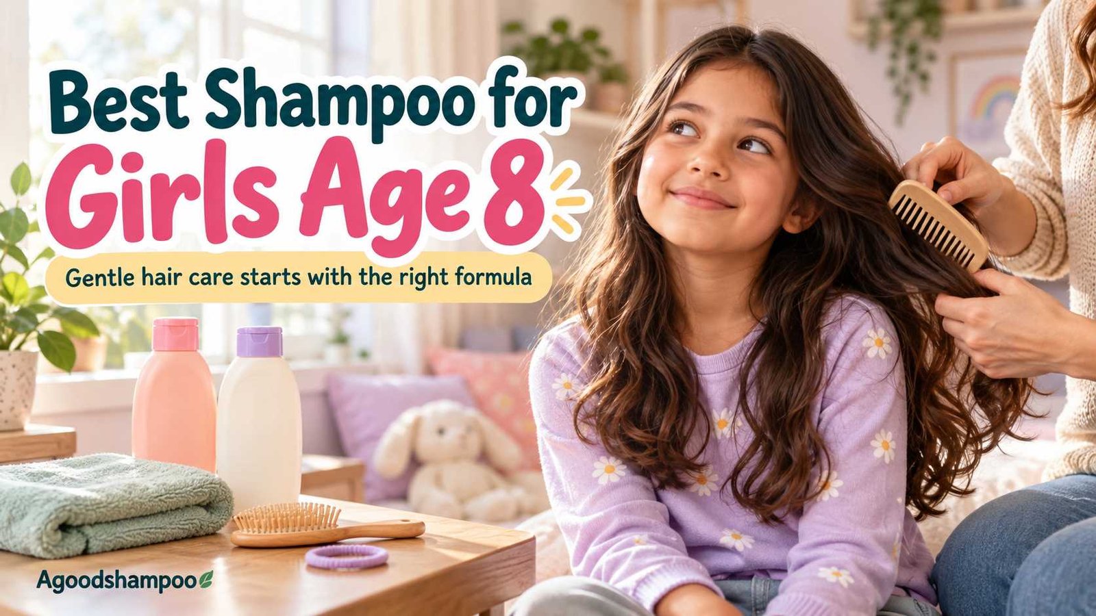 Young girl having her wavy hair gently combed by caregiver