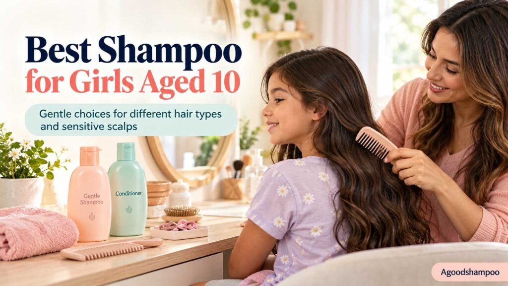 Parent gently combing child's hair beside unbranded shampoo bottles