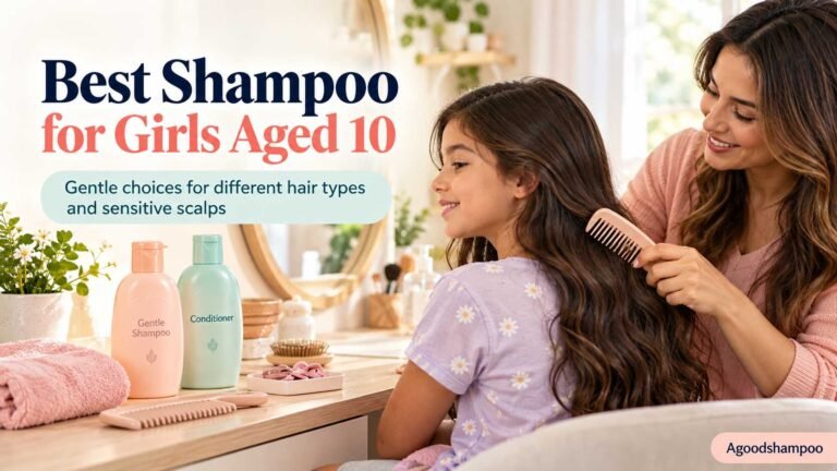 Parent gently combing child's hair beside unbranded shampoo bottles