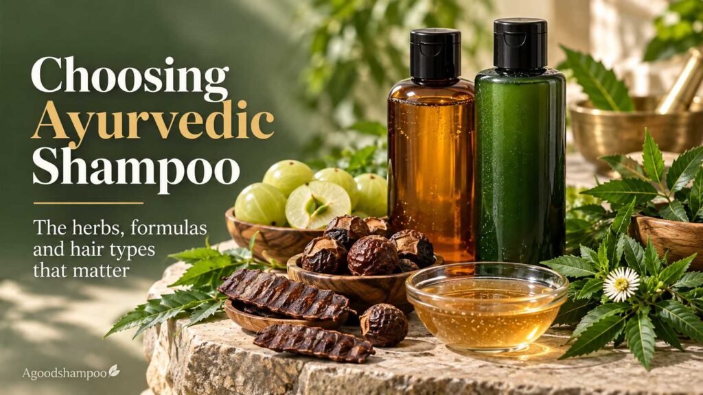 Ayurvedic shampoo bottles with amla, reetha, shikakai and neem