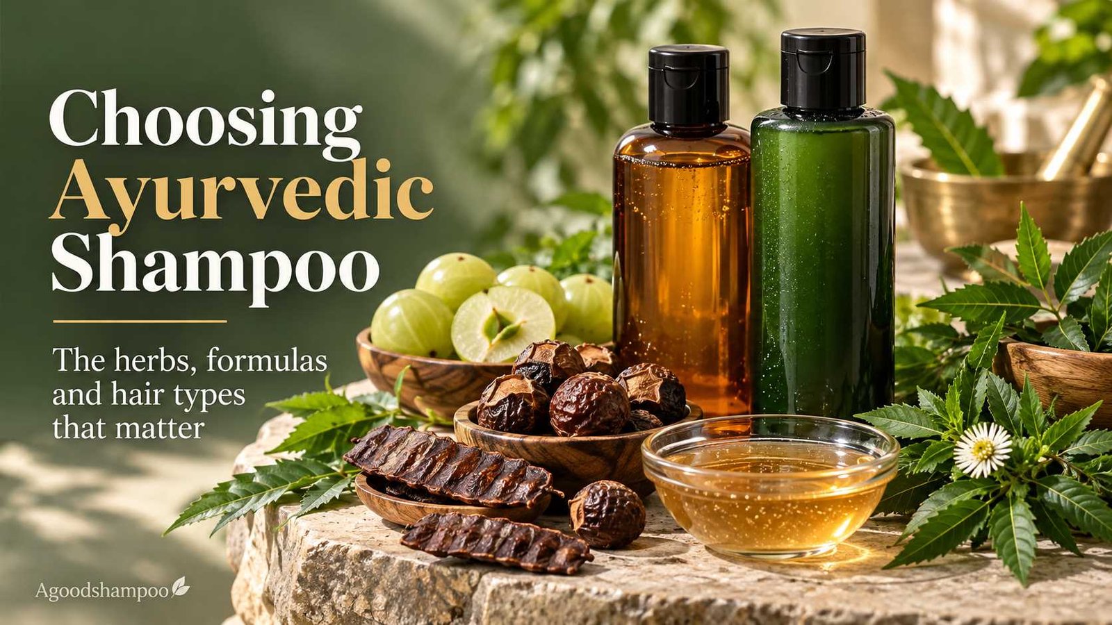 Ayurvedic shampoo bottles with amla, reetha, shikakai and neem