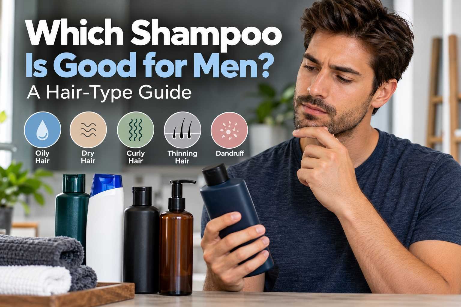 Man comparing shampoos for different hair and scalp needs