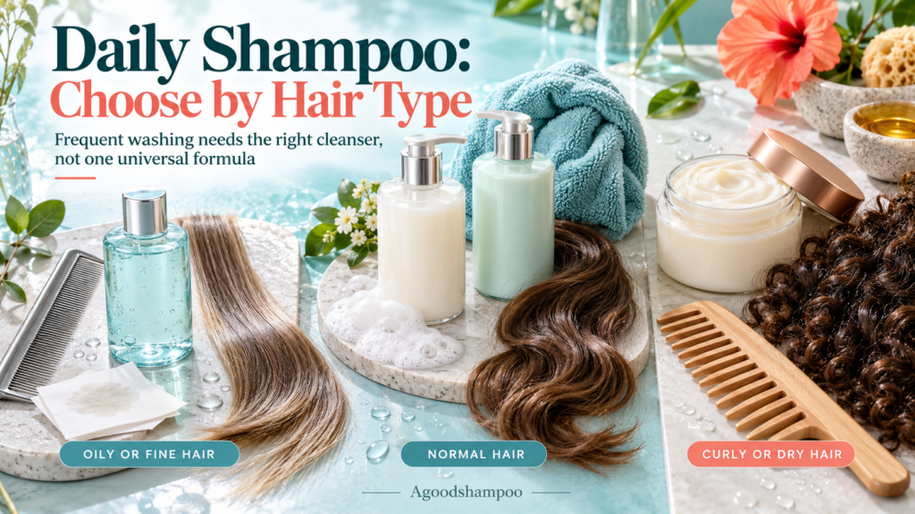 Daily shampoo options arranged for different hair and scalp types
