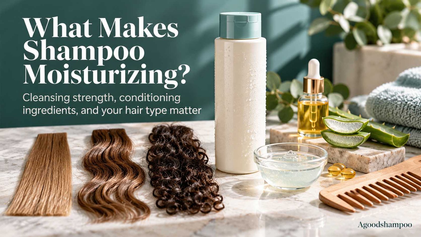 Moisturizing shampoo beside different hair textures and conditioning ingredients