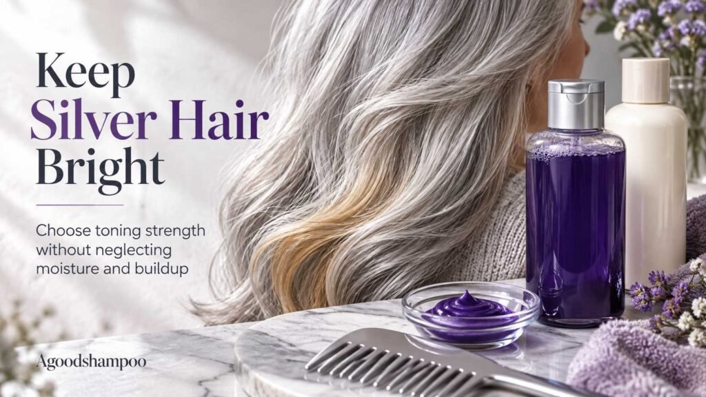Home 6 Silver hair beside toning shampoo bottles