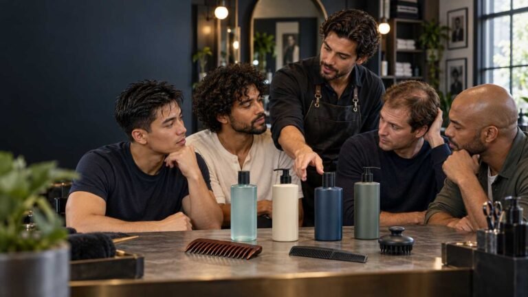 Men with different hair types choosing suitable shampoo formulas