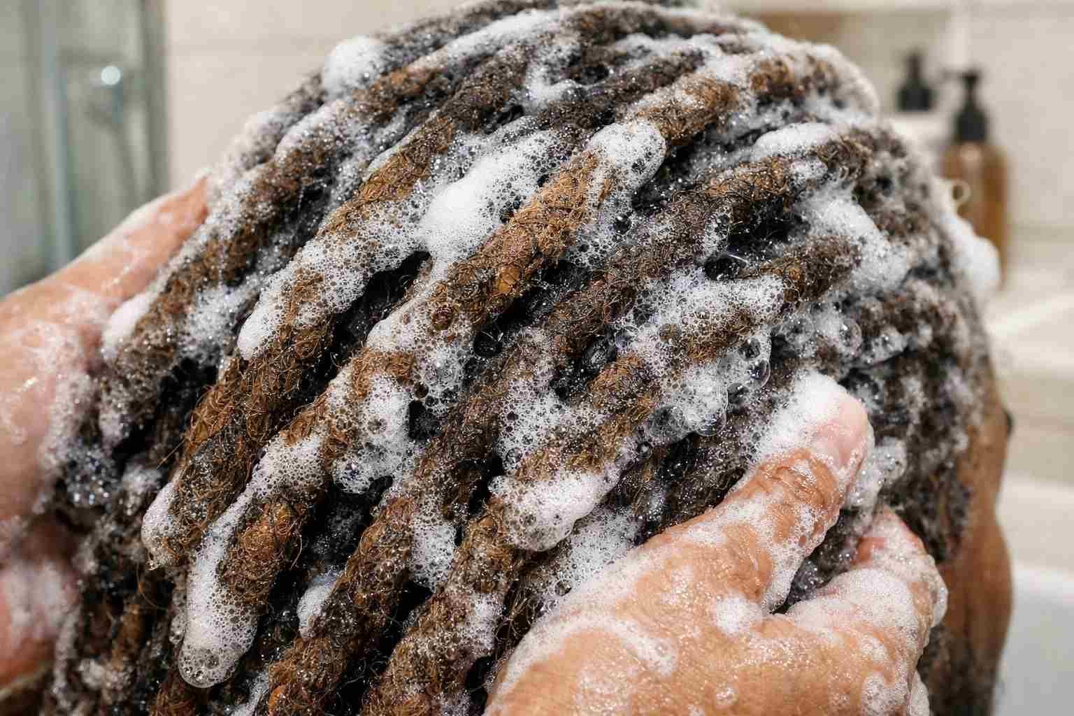 Person washing dreadlocks with shampoo in bathroom setting